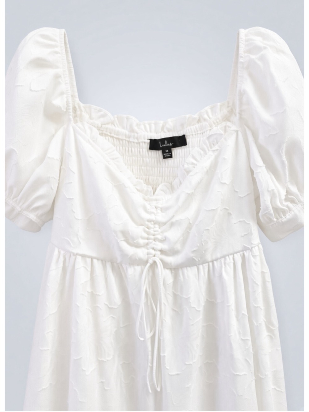 Lulus White Jacquard Puff Sleeve Ruched Babydoll Mini Dress Square Neck M - Picture 4 of 16